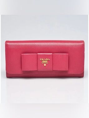 PRADA Saffiano Fiocco Pink Bow Leather Long Bidold Wallet/ Clutch/ WOC 🎀